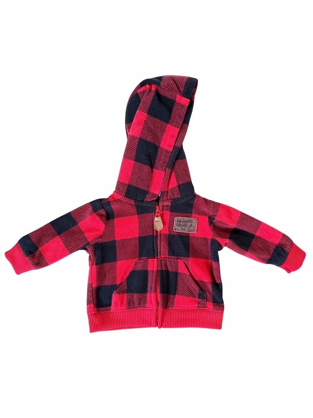 Carter's Newborn Hooded Fleece Jacket Full Zip Red Black Plaid Unisex Cozy
